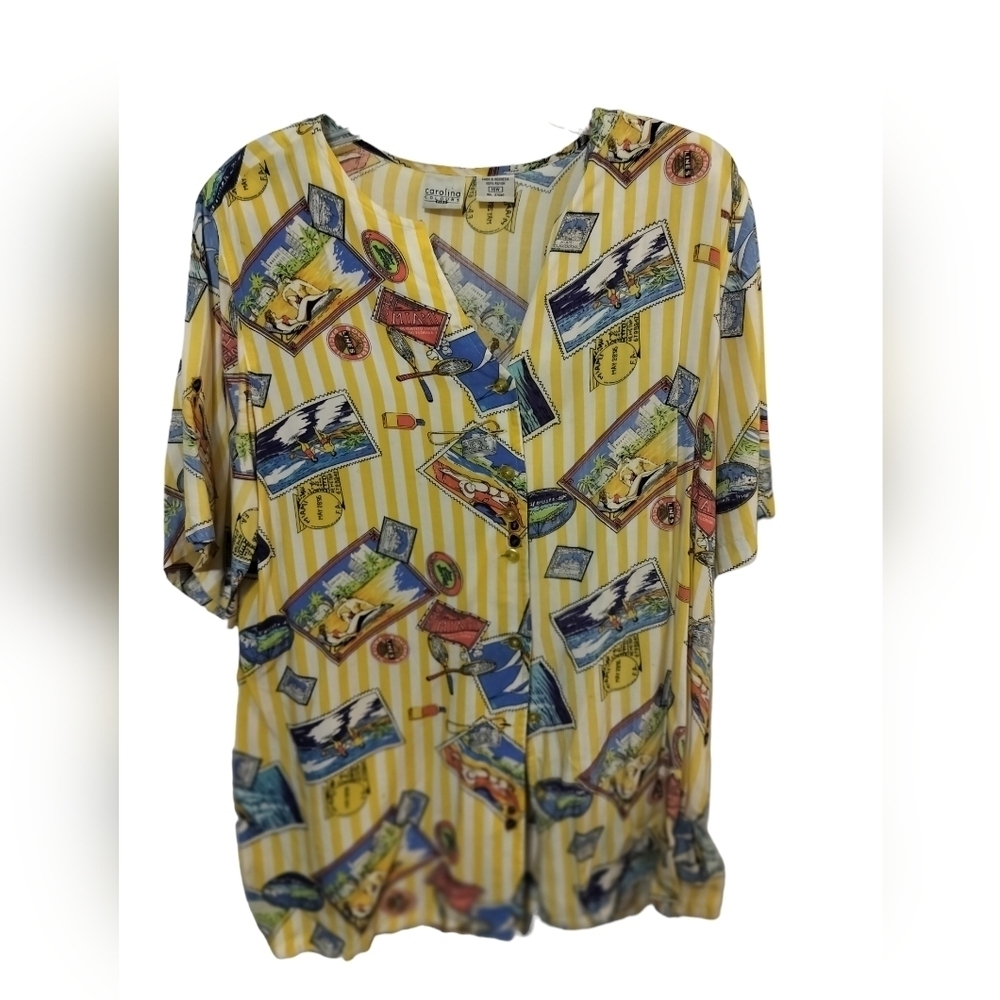 2099) Vtg Carolina Colours Plus Button down Short sleeve Beach print Shirt 16W